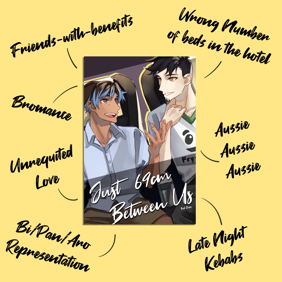 WitPop's tweet image. 🎉Book Cover Reveal🎉

Looking for a quick and silly bromance story with steamy adult scenes and an Aussie setting? Chapter 1 of my yaoi novella 'Just 69cm Between Us' releases tomorrow!

Art @yuusagichii 

#Just69cmBetweenUs #bookcover #indieauthor #boyslove #MMromance #tropes