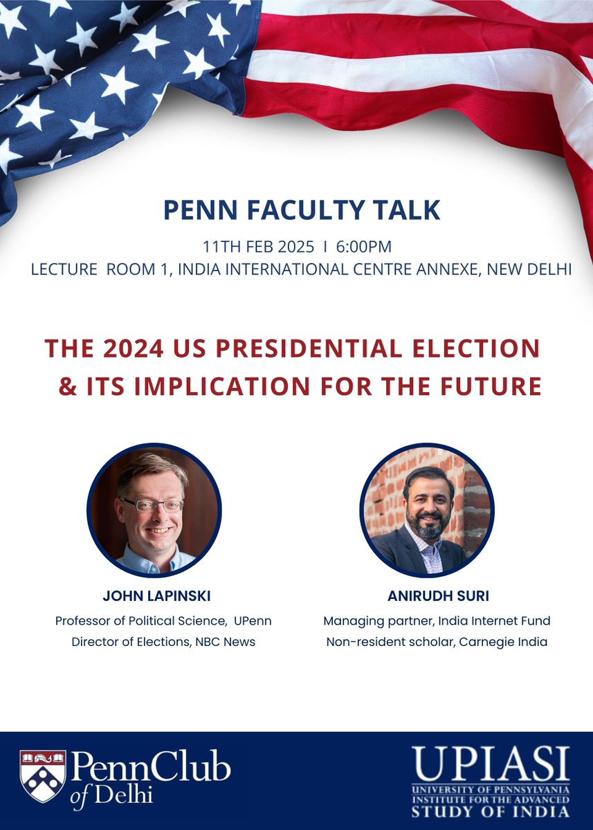 UPIASI (@upiasi) on Twitter photo LAST CHANCE to register!
Join John Lapinski (UPenn I <a href="/NBCNews/">NBC News</a>
<a href="/PennPORES/">PORES</a>) and <a href="/AnirudhSuri/">Anirudh Suri | Author, The Great Tech Game</a> (<a href="/indiafund/">india internet fund</a>) for an insightful discussion on the return of the Trump administration and its potential impact on Indo-U.S. relations. #PenninIndia
shorturl.at/LZth2 LAST CHANCE to register!
Join John Lapinski (UPenn I <a href="/NBCNews/">NBC News</a>
<a href="/PennPORES/">PORES</a>) and <a href="/AnirudhSuri/">Anirudh Suri | Author, The Great Tech Game</a> (<a href="/indiafund/">india internet fund</a>) for an insightful discussion on the return of the Trump administration and its potential impact on Indo-U.S. relations. #PenninIndia
shorturl.at/LZth2