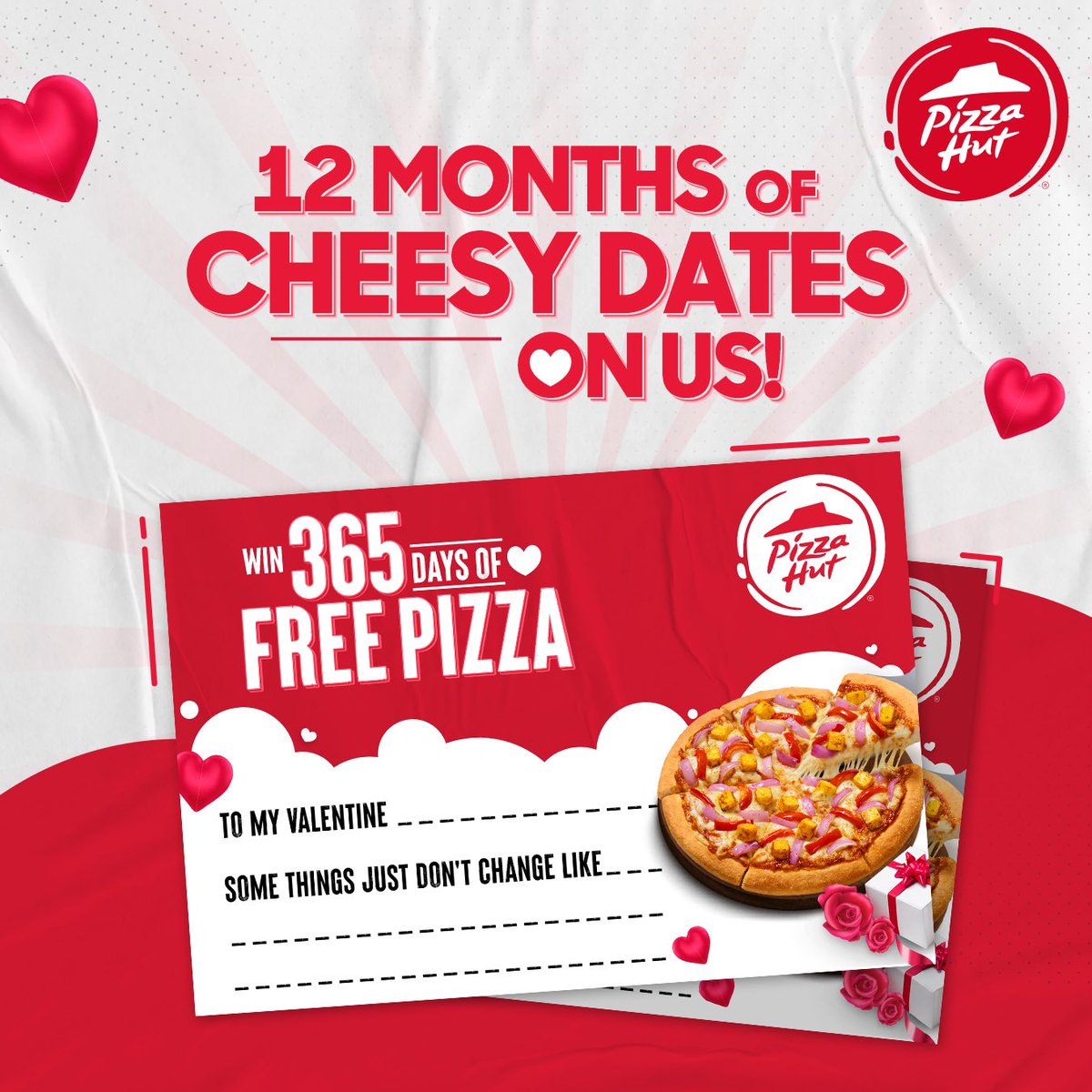 Whether it’s your weekly movie nights, a sweet little tradition, or a special gesture, we want to know!​ Participate in the contest, tag us &amp; your partner in the insta story &amp; stand a chance to win FREE pizza for an entire year! 🍕 ​​

#PizzaHut #HutLovers #ValentineWeek #Contest