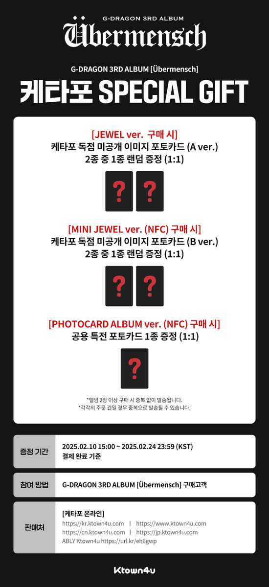 Ktown4u_main's tweet photo. [💿]#GDRAGON 
G-DRAGON 3RD ALBUM [Übermensch]
#케타포 예판 특전 이벤트

🖤JEWEL ver.  구매 시, 케타포 독점 미공개 이미지 포토카드 (A ver.) 2종 중 1종 랜덤 증정 (1:1) 
🖤MINI JEWEL ver. (NFC) 구매 시, 케타포 독점 미공개 이미지 포토카드 (B ver.) 2종 중 1종 랜덤 증정 (1:1)
🖤PHOTOCARD ALBUM ver. (NFC) 구매 시, 공용 특전 포토카드 1종 증정 (1:1)

🗓️ 2025.02.10 15:00 ~ 2025.02.24 23:59 (KST) 

🔗https://t.co/xQfdC9CF22

#GDRAGON #GD #Übermensch #위버맨쉬 #GDRAGON2025
#Ktown4u_event