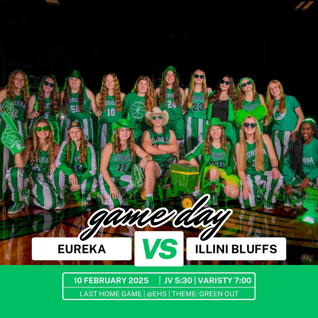 LAST HOME GAME
📍EHS
🗓️ 10 February 2025
⏰ JV 5:30 | Varisty 7:00
💚💚GREEN OUT💚💚

<a href="/ehsgirlsbball/">EHS Girls Basketball</a> <a href="/EHSGREENMACHINE/">EHS Green Machine</a> <a href="/EHSHornets/">Eureka High School</a> <a href="/MyaEdwards908/">Mya Edwards</a> <a href="/IvyEdwards908/">Ivy Edwards</a>