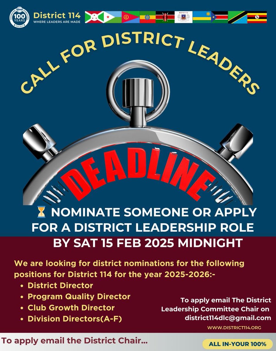 District 114 (Toastmasters East Africa) (@toastmastersea) on Twitter photo 📅 Monday, 10th Feb – 5 Days to Go!
🔊 CALL FOR DISTRICT LEADERS!
Are you ready to lead? Or do you know someone who is? The clock is ticking! ⏳ Nominate ) apply today
📩 Email: district114dlc@gmail.com
🔗 Apply now: buff.ly/40Bysqn 📅 Monday, 10th Feb – 5 Days to Go!
🔊 CALL FOR DISTRICT LEADERS!
Are you ready to lead? Or do you know someone who is? The clock is ticking! ⏳ Nominate ) apply today
📩 Email: district114dlc@gmail.com
🔗 Apply now: buff.ly/40Bysqn