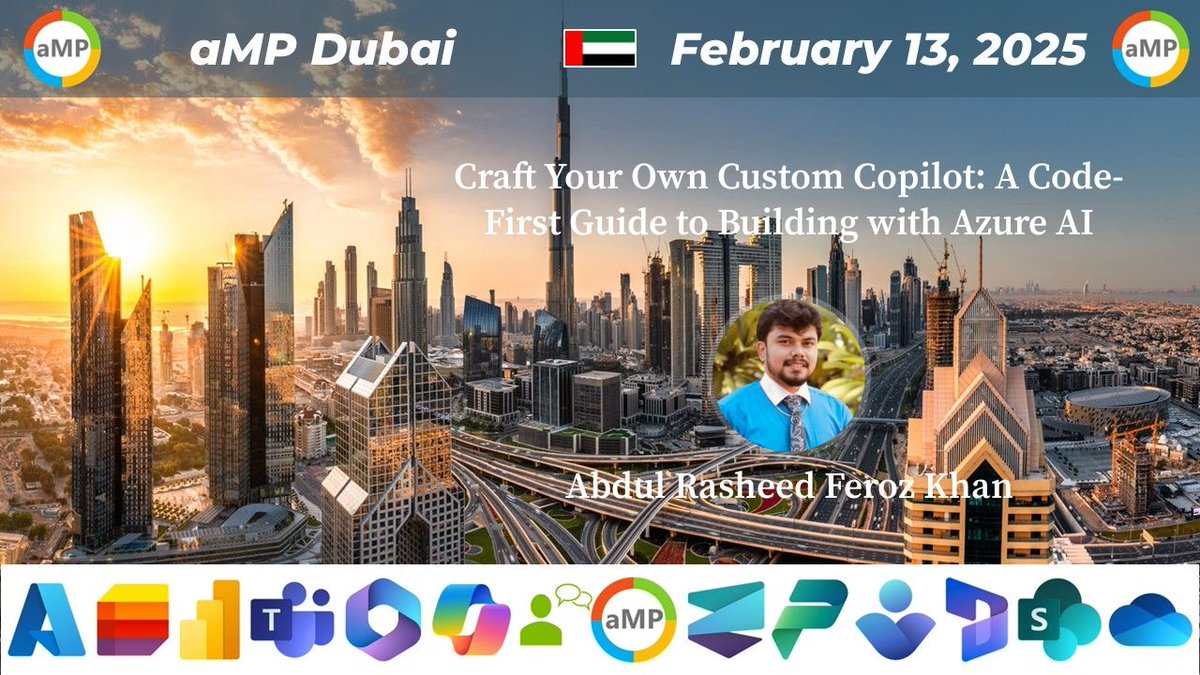 TechFero's tweet image. I’ll be in Dubai this week for meetings and the aMP Dubai Meetup! 🚀

Let’s discuss AI innovation on what we do at Copilot Factory. Drop me a message if you’re in Dubai! 🤖✨

Join my live session at aMP Dubai on custom Copilot development. Don’t miss insights from @aOSComm  🎤💡
