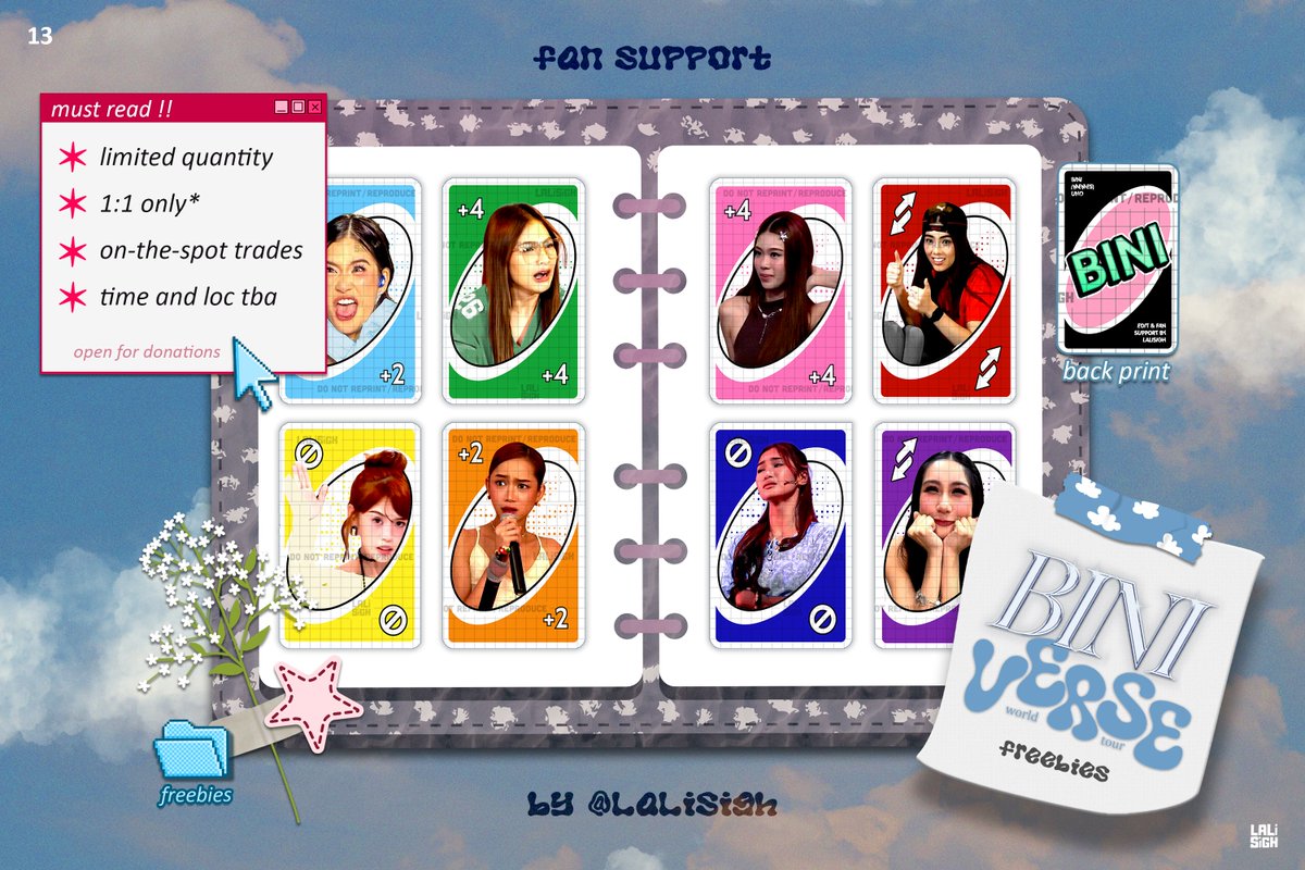 lalisigh's tweet image. BINIVerse World Tour 2025
Fan Support (Freebies)
— 13. (@BINI_ph)

BINI Memes/OT8
UNO Cards

— limited quantity
— 1:1 only***
— rt/like + show on d-day
— on-the-spot trades 
— time and loc tba 

#BINIVerseWorldTour2025 #BINIWT2025 #BINIWorldTour #BINIWTPh