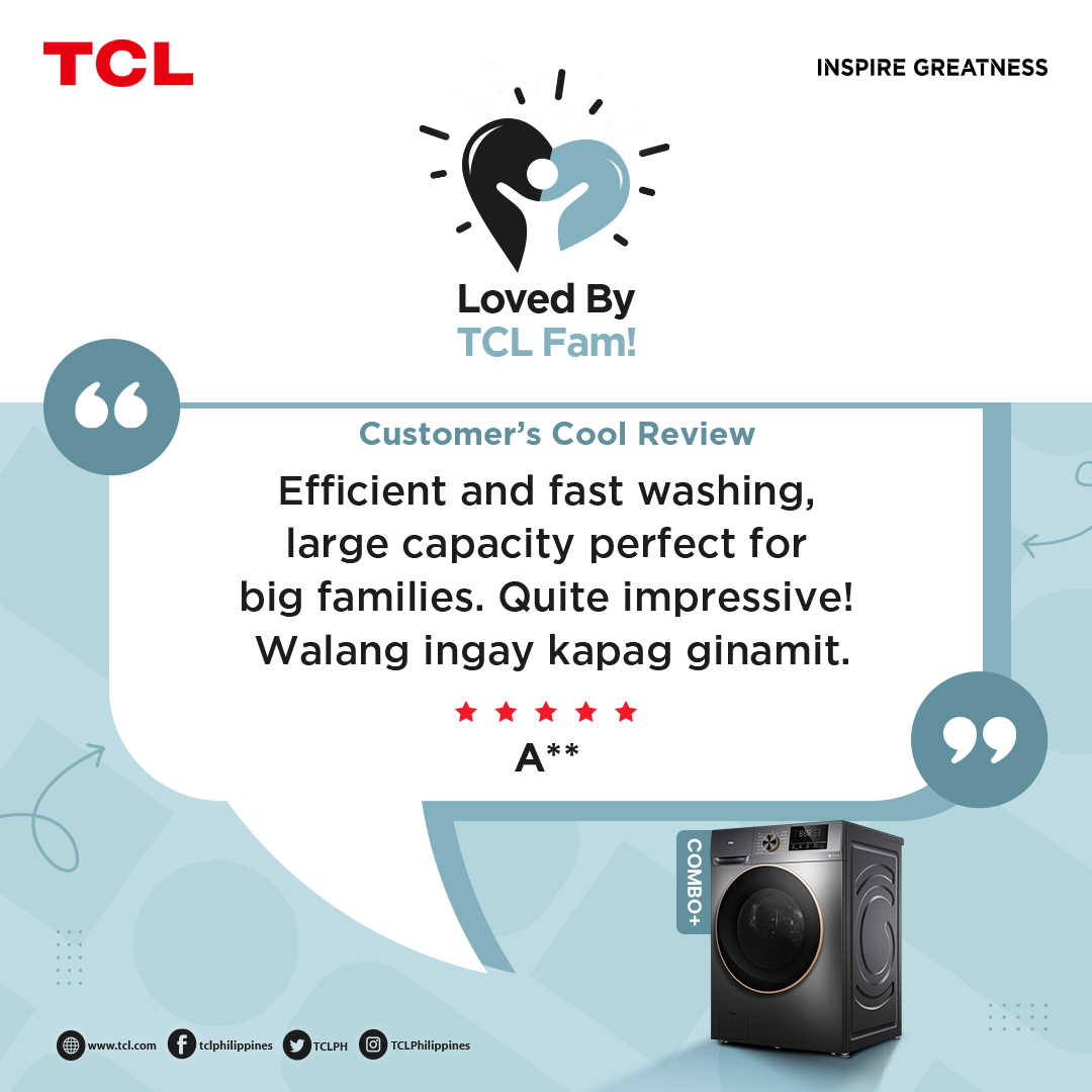 TCLPH's tweet image. &quot;Efficient and fast washing, large capacity perfect for big families. Quite impressive! Walang ingay kapag ginamit”

Big loads? No problem! This washing machine handles it all!

#TCLWashPro #TCLComboPlus #TCLInspireGreatness #TCLPhilippines