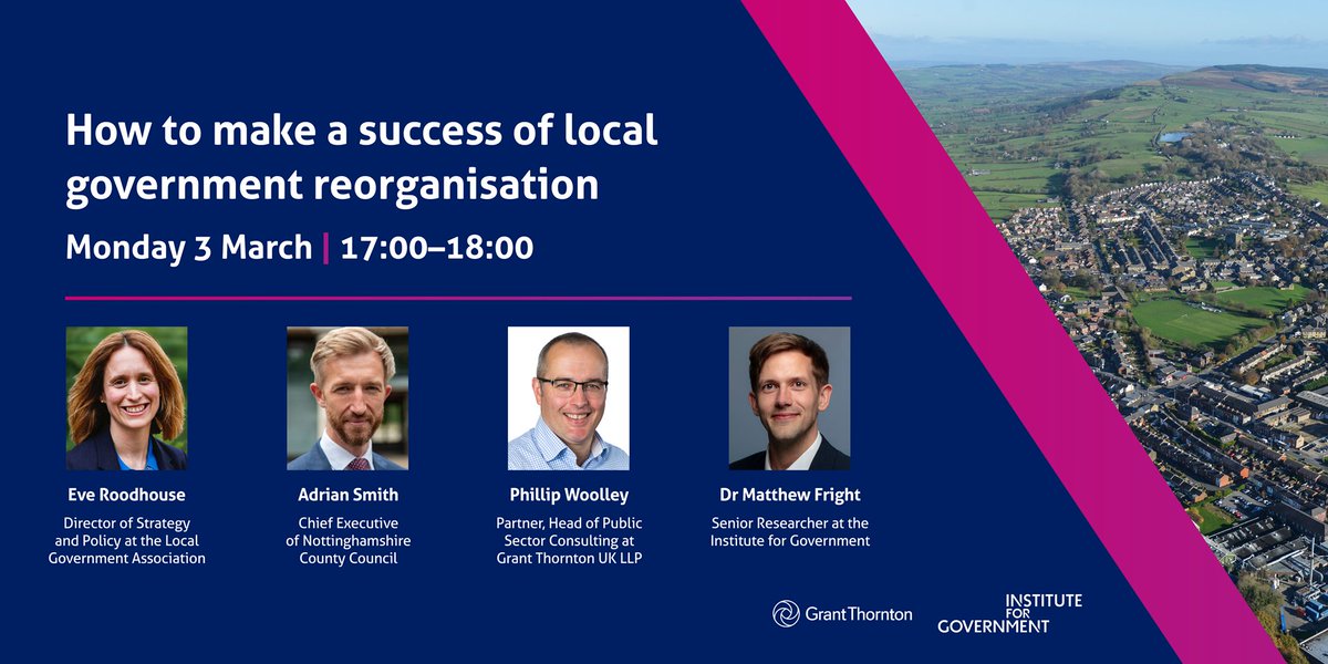 Institute for Government (@instituteforgov) on Twitter photo EVENT: How to make a success of local government reorganisation
🗓️ Monday 3 March, 17:00
Join us as we explore Labour's ambitious agenda and the benefits and risks of moving from two-tier to unitary local govt with <a href="/eveyroo/">Eve Roodhouse</a> <a href="/asmithinnotts/">A</a> <a href="/phillipwoolley/">Phillip Woolley</a> instituteforgovernment.org.uk/event/local-go… EVENT: How to make a success of local government reorganisation
🗓️ Monday 3 March, 17:00
Join us as we explore Labour's ambitious agenda and the benefits and risks of moving from two-tier to unitary local govt with <a href="/eveyroo/">Eve Roodhouse</a> <a href="/asmithinnotts/">A</a> <a href="/phillipwoolley/">Phillip Woolley</a> instituteforgovernment.org.uk/event/local-go…