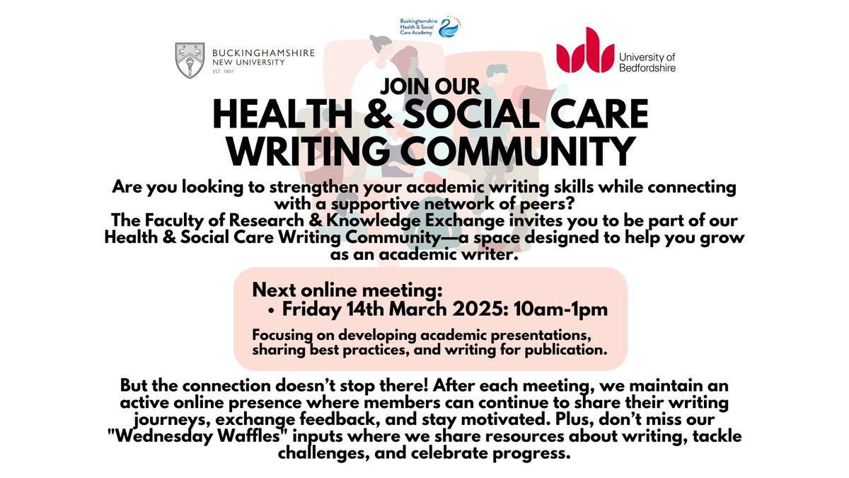 BHSCA_'s tweet photo. Our R&amp;KE faculty are holding the next online meeting for our Health &amp; Social Care Writing Community on 14th March!
Whether you're just starting out or looking to refine your work, this community is here to support you. We’d love for you to join us!

Book > https://t.co/ZK7gp9sPYs https://t.co/q2JfTVWfLc