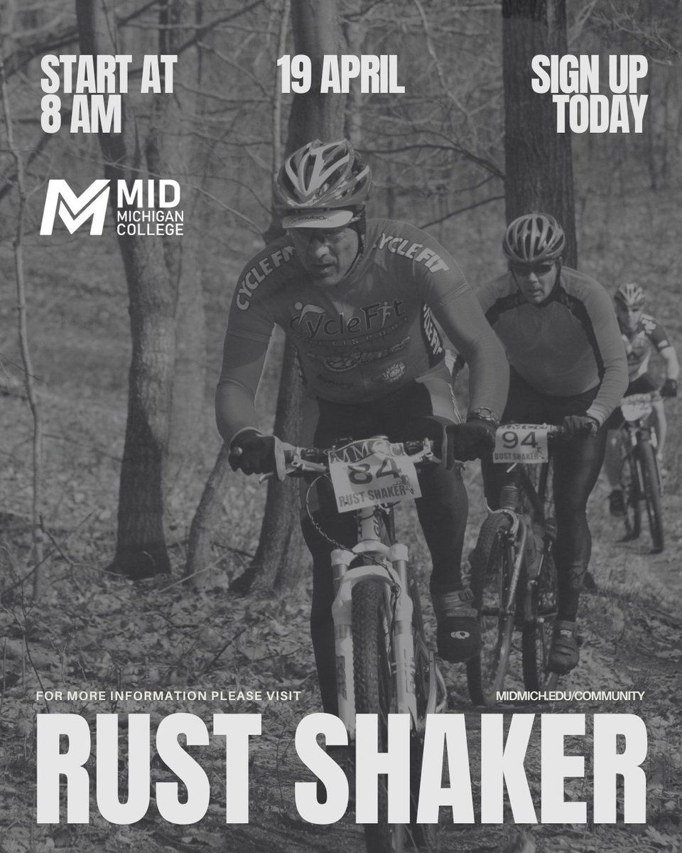 🚴‍♂️ Ready to race? Join us for the Rust Shaker Mountain Bike Race on April 19, 2025, at Mid Michigan College! Trails, challenges, and fun await all skill levels. Proceeds benefit campus rec facilities. Register today! 📅 #RustShaker2025 #BikeRace #MidMichiganCollege