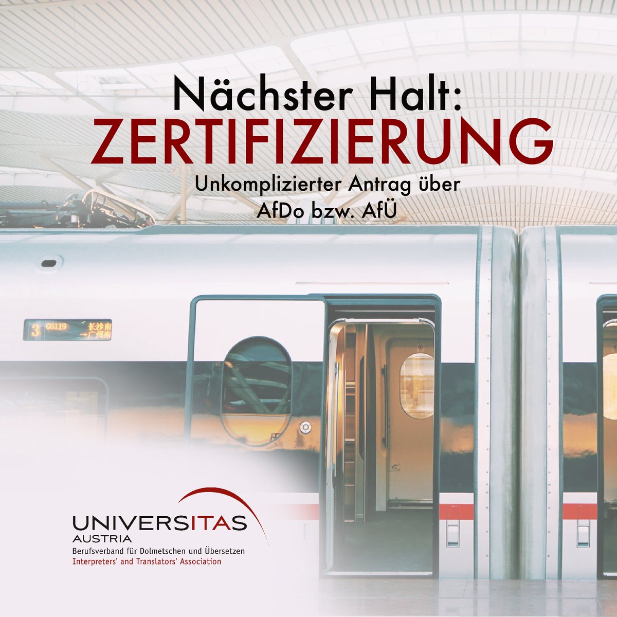 📜 UNIVERSITAS-ZERTIFIZIERUNG 📜

Du bist seit über 2 Jahren ordentliches Mitglied bei UNIVERSITAS Austria?

Und seit über 3 Jahren als Übersetzer:in und/oder Dolmetscher:in tätig?

Dann kannst du dich jederzeit zertifizieren lassen! 🥇

Weitere Infos auf der UNIVERSITAS-Website.