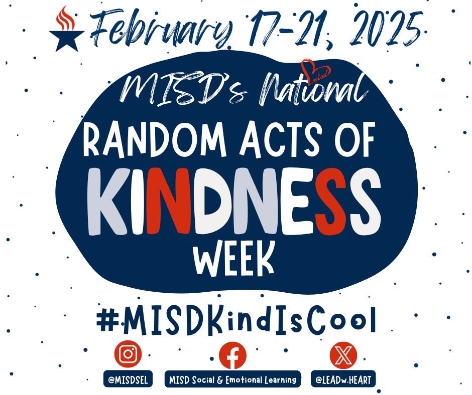 🎉 Random Acts of Kindness Week Starts NOW! 💙
This week, let’s make it our mission to spread kindness everywhere—big or small.
📸 Join the movement! Show us your acts of kindness by tagging MISD Social Emotional Learning and sharing your photos all week long! #MISDKindIsCool