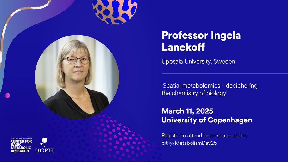 NNF Center for Basic Metabolic Research (CBMR) (@metabolcenter) on Twitter photo 📢 Metabolism Day 2025 final speaker announcement!
👩🔬 Professor Ingela Lanekoff - @UU_University
💬 'Spatial metabolomics - deciphering the chemistry of biology'
🎟️ Register now to attend in person at
<a href="/UCPH_health/">UCPH Healthscience</a> or to watch online!
cbmr.ku.dk/events/metabol… 📢 Metabolism Day 2025 final speaker announcement!
👩🔬 Professor Ingela Lanekoff - @UU_University
💬 'Spatial metabolomics - deciphering the chemistry of biology'
🎟️ Register now to attend in person at
<a href="/UCPH_health/">UCPH Healthscience</a> or to watch online!
cbmr.ku.dk/events/metabol…