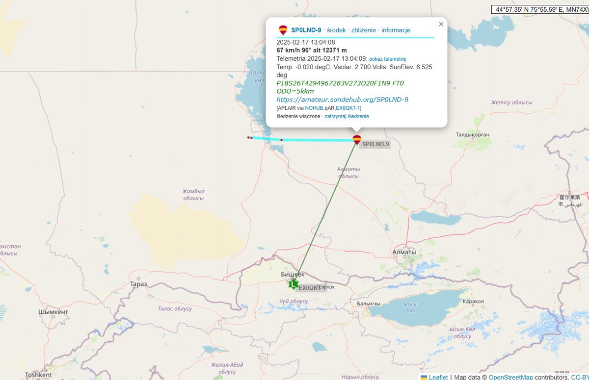 SP9DLM's tweet photo. The only #APRS #LORA gateway @ex0qkt operating in #Kyrgyzstan๐ฐ๐ฌ, in #Bishkek,received the signal from the tracker of balloon @SQ2CPA flying over #Kazakhstan . #loraaprs #aprslora https://t.co/KEMWXY3gfm