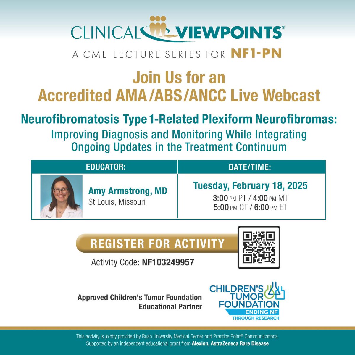 ChildrensTumor's tweet photo. FOR CLINICIANS: Join us for a Continuing Medical Education (CME) Lecture Series for Neurofibromatosis Type 1- Related Plexiform Neurofibromas

Tuesday, February 18, 2025
3PM PT / 6PM ET

Click here to register: https://t.co/GLARhr182s https://t.co/EcP9uXvph8