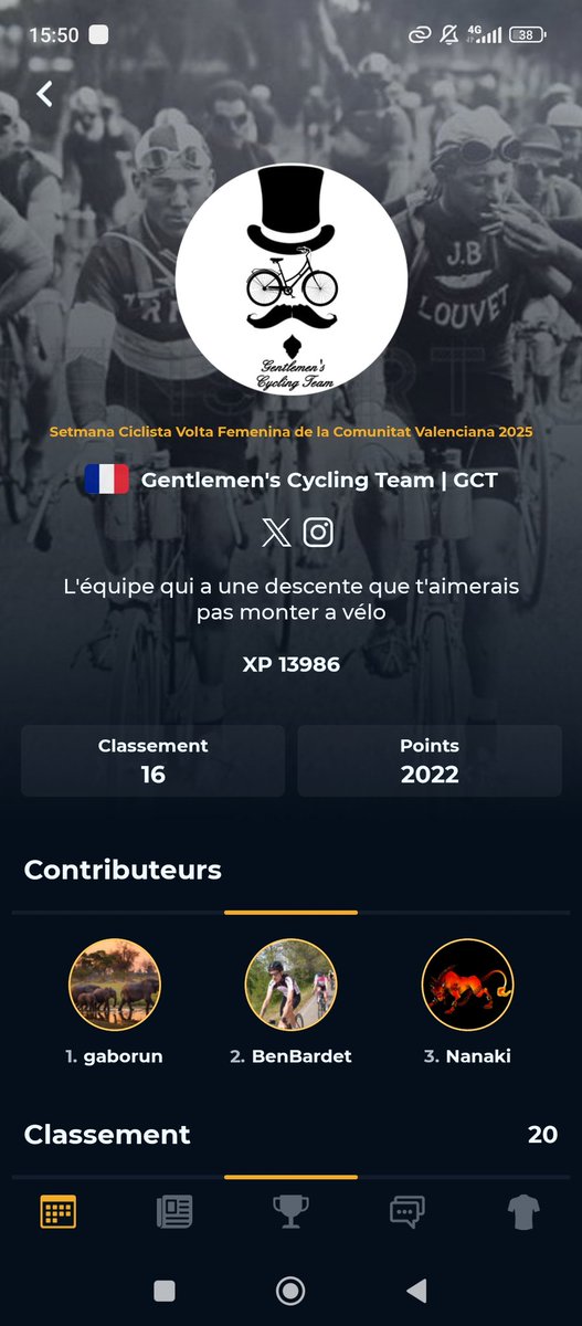 Gentlemen's/Bounder's Cycling Team (@gentlemansct) on Twitter photo Résultats <a href="/AppCycling/">Cycling Fantasy App</a>
♀️pro <a href="/SetmanaCiclista/">Setmana Ciclista - Volta Femenina de la CV</a>
Jolie top15 pour Gaborun qui nous permet de signer une jolie 16eme place
BenBardet et <a href="/Nanaki2112/">Nanaki</a> complètent le podium Résultats <a href="/AppCycling/">Cycling Fantasy App</a>
♀️pro <a href="/SetmanaCiclista/">Setmana Ciclista - Volta Femenina de la CV</a>
Jolie top15 pour Gaborun qui nous permet de signer une jolie 16eme place
BenBardet et <a href="/Nanaki2112/">Nanaki</a> complètent le podium