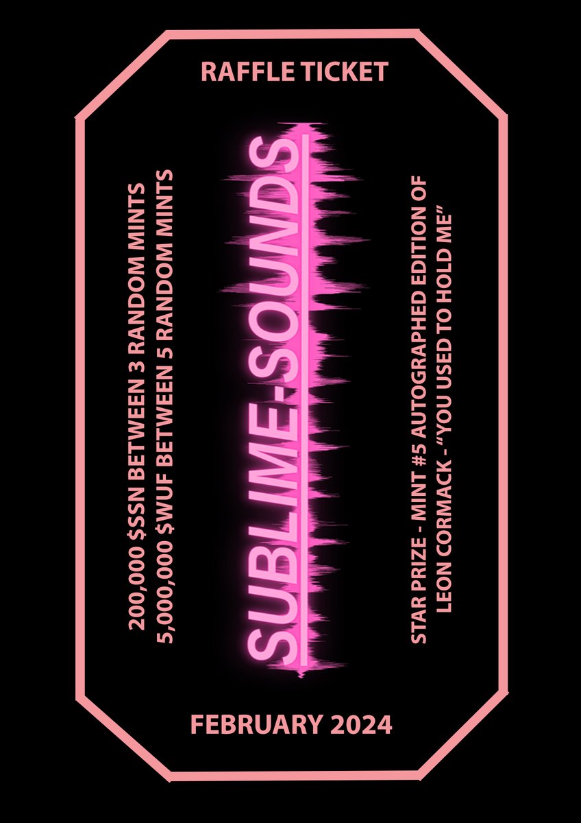 Sublime Sounds Raffle is BACK!!!!

February 2025 Raffle tickets on Neftyblocks blend any 2 Sublime Tickets + 1000 $SSN or purchase for 4000 $SSN (also SQJ / TLM / WUF / WAX)

Blend Link: neftyblocks.com/collection/sub…
Purchase Link: neftyblocks.com/collection/sub…
