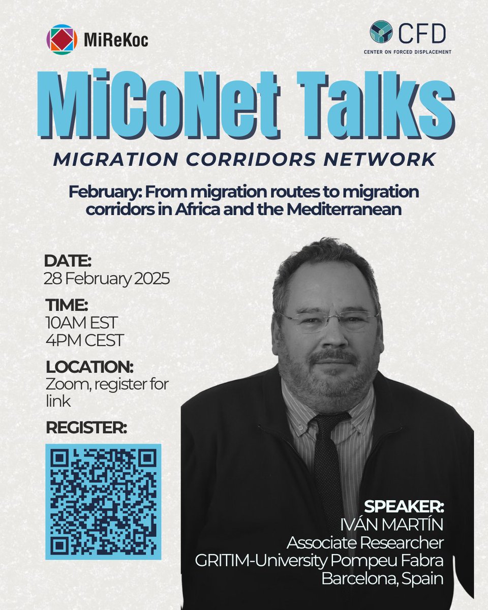 cfd_center's tweet image. Join us on February 28th for a virtual conversation with Iván Martín, associate researcher at GRITIM-University Pompeu Fabra, to discuss migration routes and corridors in Africa and the Mediterranean.

Learn more and register here: eventbrite.com/e/124867680894…