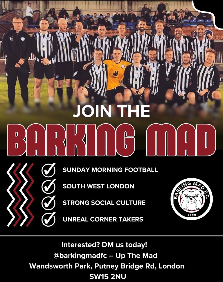 Are you looking for Sunday morning football in South London?

Well… the Mad are recruiting, with a focus on goalkeeper and wingers, but all positions welcome, just drop us a DM!

#recruiting #football #sundayleague #WeAreMad