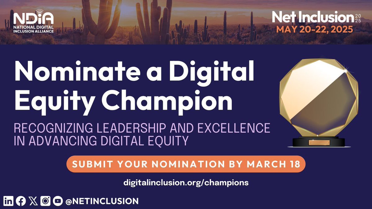 NDIA (@netinclusion) on Twitter photo 🏆Nominations for the 2025 Digital Equity Champion Awards are now open! Named for Charles Benton, the founder of <a href="/Benton_Inst/">Benton Institute for Broadband & Society</a>, NDIA created the awards to recognize leadership and dedication in advancing digital equity.
Nominations close on March 18! buff.ly/31RSCAA 🏆Nominations for the 2025 Digital Equity Champion Awards are now open! Named for Charles Benton, the founder of <a href="/Benton_Inst/">Benton Institute for Broadband & Society</a>, NDIA created the awards to recognize leadership and dedication in advancing digital equity.
Nominations close on March 18! buff.ly/31RSCAA
