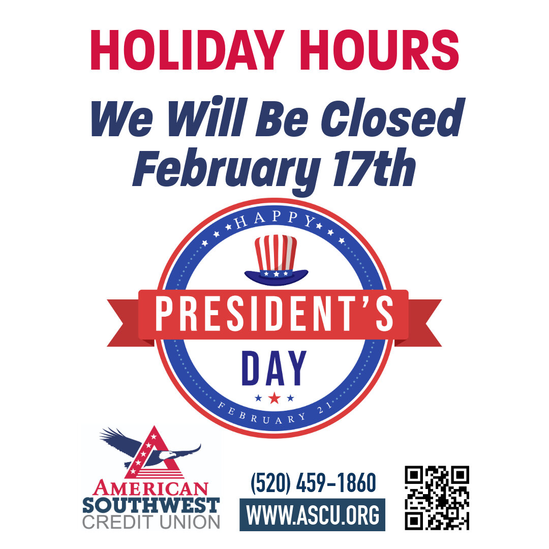 MyASCU's tweet image. All ASCU branches will be closed on Monday, February 17th, in observance of Presidents' Day. 

We'll be back to our regular hours on Tuesday, February 18th.