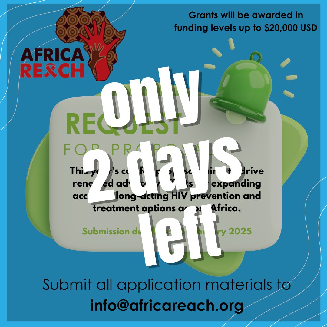 Desmond Tutu Health Foundation (@dthf_sa) on Twitter photo PROPOSALS ARE DUE IN 2 DAYS !!!!
<a href="/AfricaREACH1/">AfricaREACH</a> is inviting proposals from organisations based in #SouthAfrica and #cotedivoire to submit their applications for work on evidence-based #advocacy for #access to #longacting #HIV #prevention/#treatment bit.ly/40Zwzm9 PROPOSALS ARE DUE IN 2 DAYS !!!!
<a href="/AfricaREACH1/">AfricaREACH</a> is inviting proposals from organisations based in #SouthAfrica and #cotedivoire to submit their applications for work on evidence-based #advocacy for #access to #longacting #HIV #prevention/#treatment bit.ly/40Zwzm9