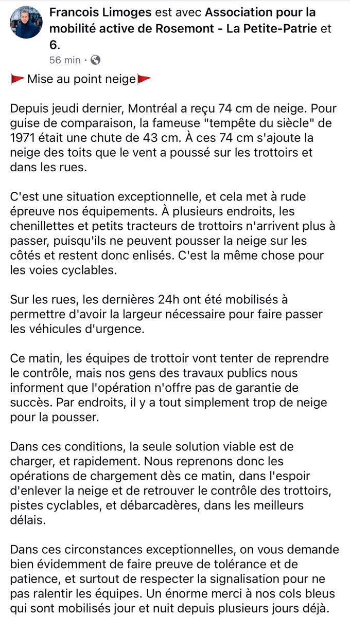 Depuis jeudi il est tombé 74 cm «en guise de comparaison, la fameuse tempête du siècle de 1971, c’était 43 cm», écrit François Limoges <a href="/projetmontreal/">Projet Montréal</a>.

«Les chenillettes et tracteurs n’arrivent plus à passer»

<a href="/NoovoInfo/">Noovo Info</a> #meteoqc