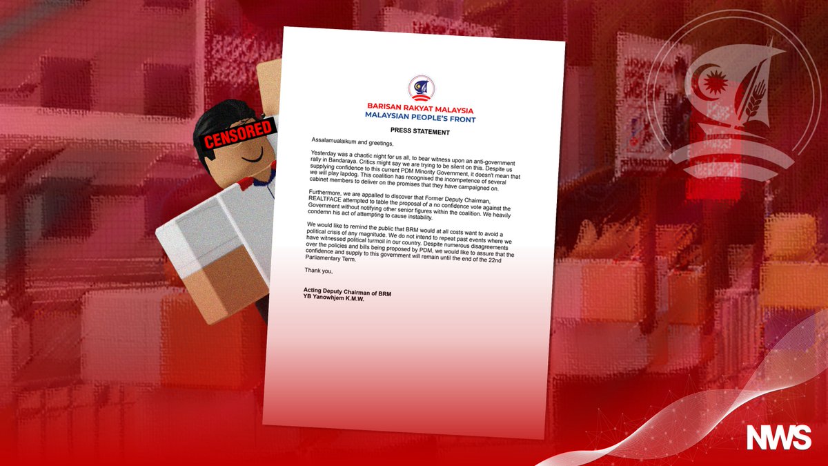 NWS_RBLX's tweet photo. Despite criticizing the inefficiency of the government under Parti Demokratik Malaysia, Barisan Rakyat Malaysia has reaffirmed that they will not withdraw their support for the party until the end of the term and rejects any attempt to undermine the country’s political stability. https://t.co/E1B4LHf8BA
