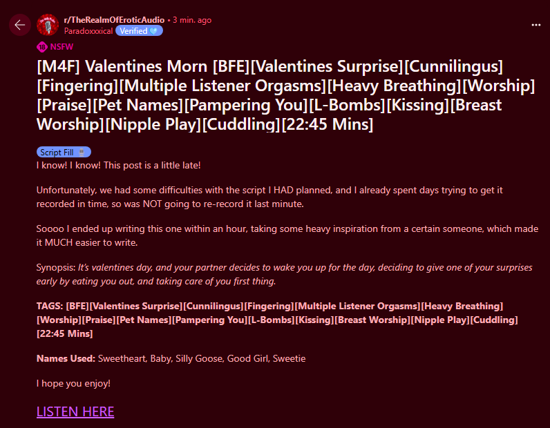 Happy Belated Valentines Day!
Although I'm a bit late.. I can still wake you up with a delicious gift, right? How about I start between those legs of yours..

Have a listen here: reddit.com/r/TheRealmOfEr…