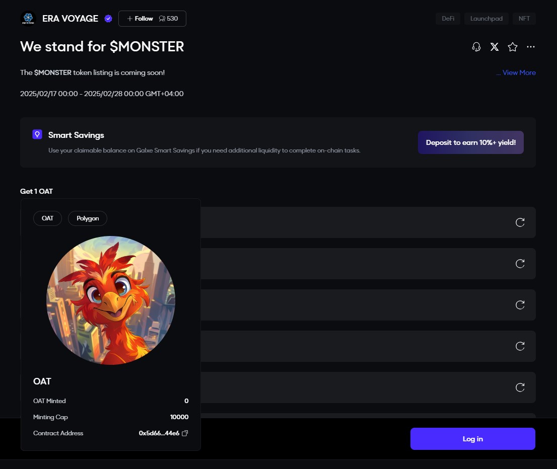 New  quest on Galxe . 🔹

WE STAND FOR $MONSTER 🔹

Go to Galxe and complete all the tasks, then claim the OAT and keep an eye on the news.🔹

app.galxe.com/quest/EraVoyag…