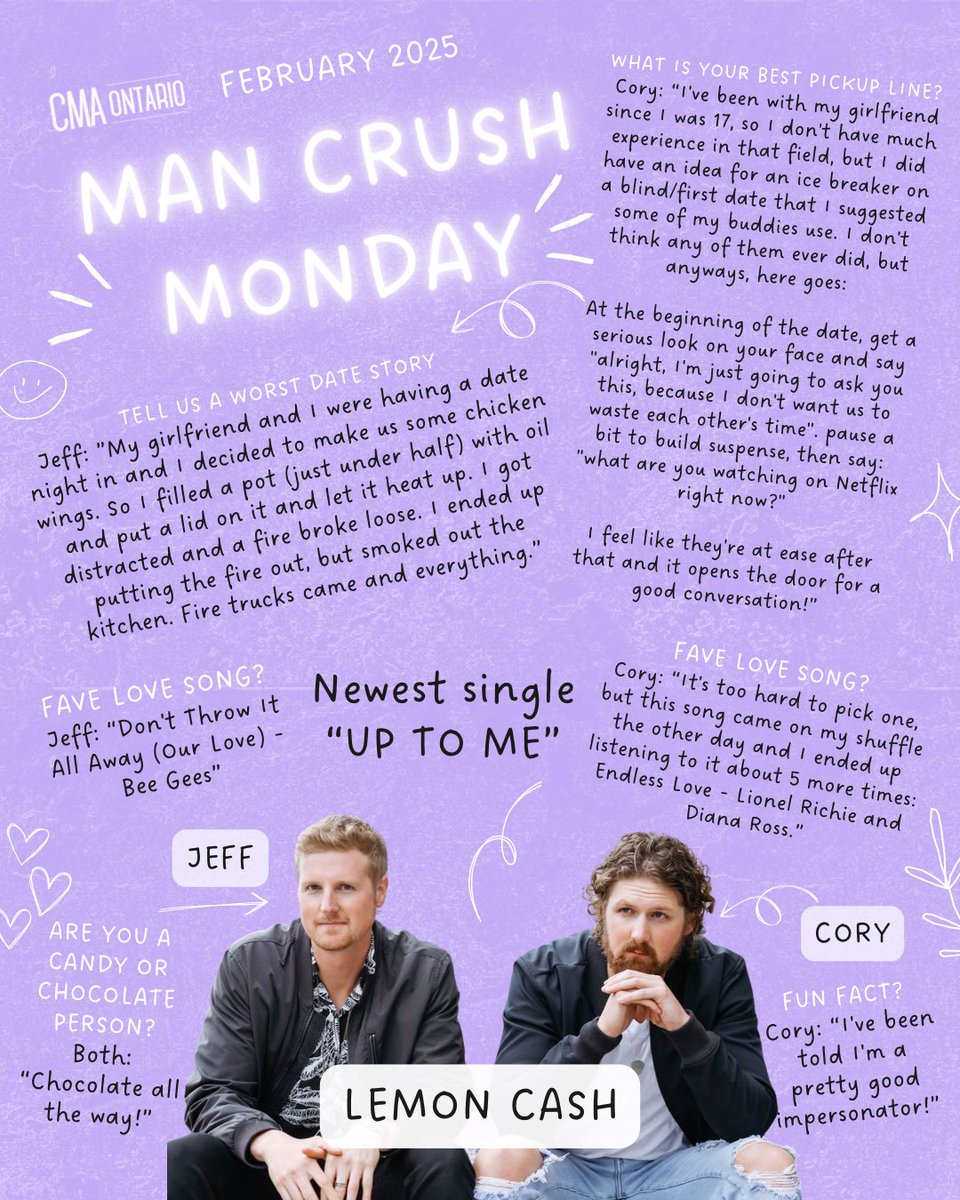 💙MAN CRUSH MONDAY💙

This week’s CMAOntario man crush(s) is 🤠 <a href="/LemonCash/">Lemon Cash</a> !!

Make sure you go listen to their brand new 🎶 single “UP TO ME” available now 🙌🏼 

Plus, check out these fun facts provided by Cory &amp; Jeff about their fave love songs, pickup lines &amp; worst dates! 🤩