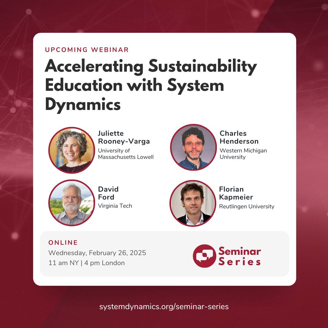 #FREE EVENT ▶️ ‘Accelerating Sustainability Education with #SystemDynamics: A Community-Based Strategy’ with Juliette Rooney-Varga, Charles Henderson, David Ford and Florian Kapmeier 

📅 February 26 @ 11:00 AM - 12:00 PM NY Time
🔗 RSVP: ow.ly/BfA350UXmM5