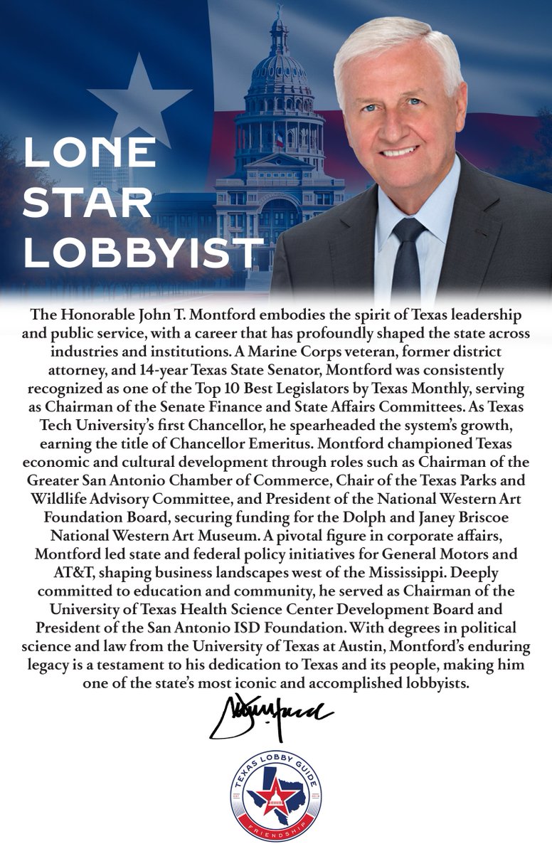 txcapitolguide's tweet photo. Texas Lobby Guide presents our Lobbyist Spotlight!  
Lone Star Lobbyist: John T. Montford

Read more about our lobbyist spotlights and nominate your standout lobbyist at https://t.co/SLWnzp5koq today! #txlege https://t.co/9lCE0c4199
