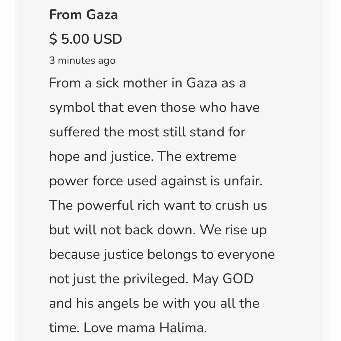 "From a sick mother in Gaza as a symbol that even those who have suffered the most still stand for hope and justice. The extreme power force used against [us] is unfair. The powerful rich want to crush us but [we] will not back down. We rise up because justice belongs to everyone