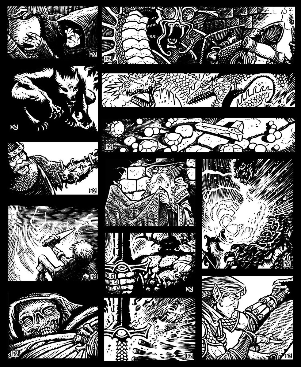 Kennon9's tweet image. A page of spot illustrations for @necroticgnome ‘s Old School Essentials.
#art #gameart #ttrpg #dungeonsanddragons #rpg #oldschoolessentials #oldschooldnd #dnd #magicitems #wizards #monsters