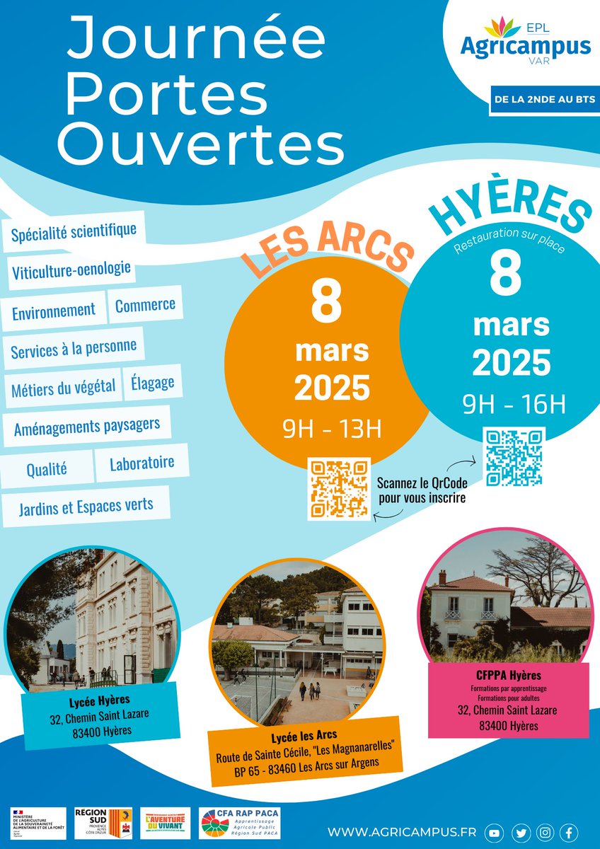 On vous ouvre nos portes ! 
Venez découvrir nos #formations, visiter nos infrastructures et échanger avec nos équipes !
Scannez le QR code ou cliquez sur ce lien pour vous inscrire :
A Hyères : forms.gle/akZcatp75nCdcS…
Aux Arcs-sur-argens : forms.gle/7UR3aZFdWj2QxS…