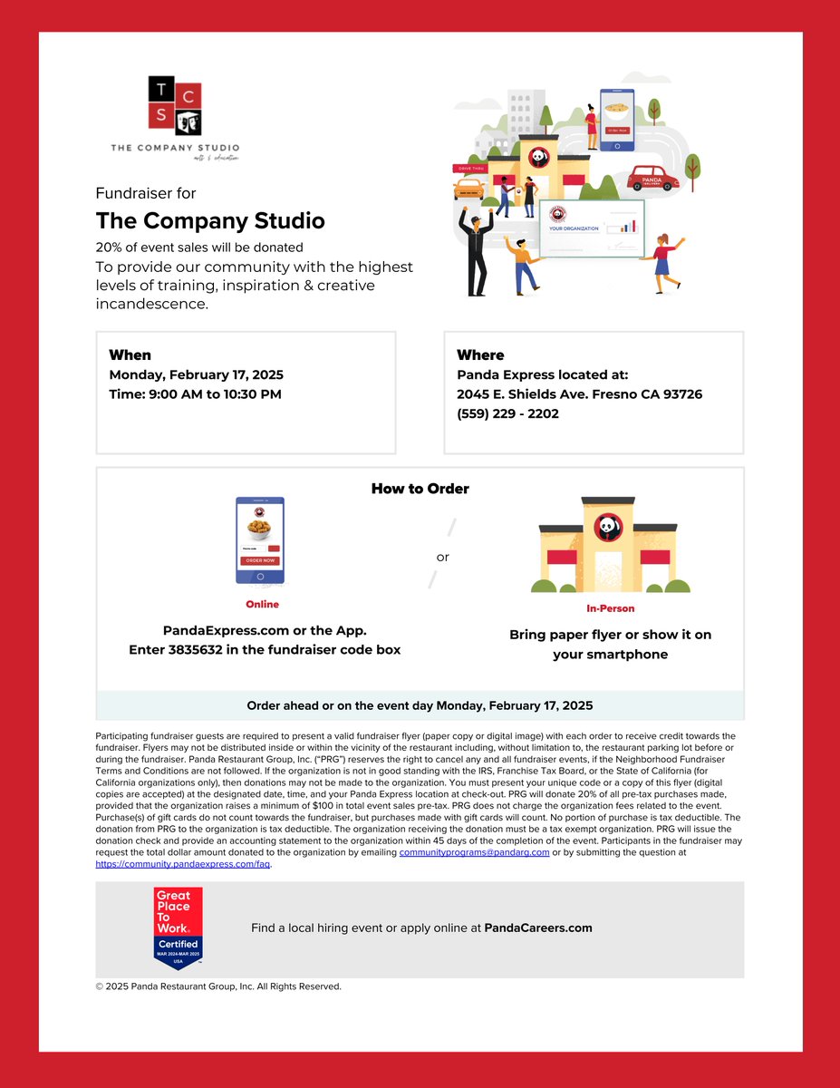 GCPlayers's tweet photo. TODAY IS THE DAY! Support TCS with Take-Out (or dine-in, of course)! Delicious food and a worthy donation? It's a win-win!

20% of all in-store orders showing our flyer or app orders using our special code (3835632) will be donated to The Company Studio--ORDER TODAY! https://t.co/c6yzW3B77C