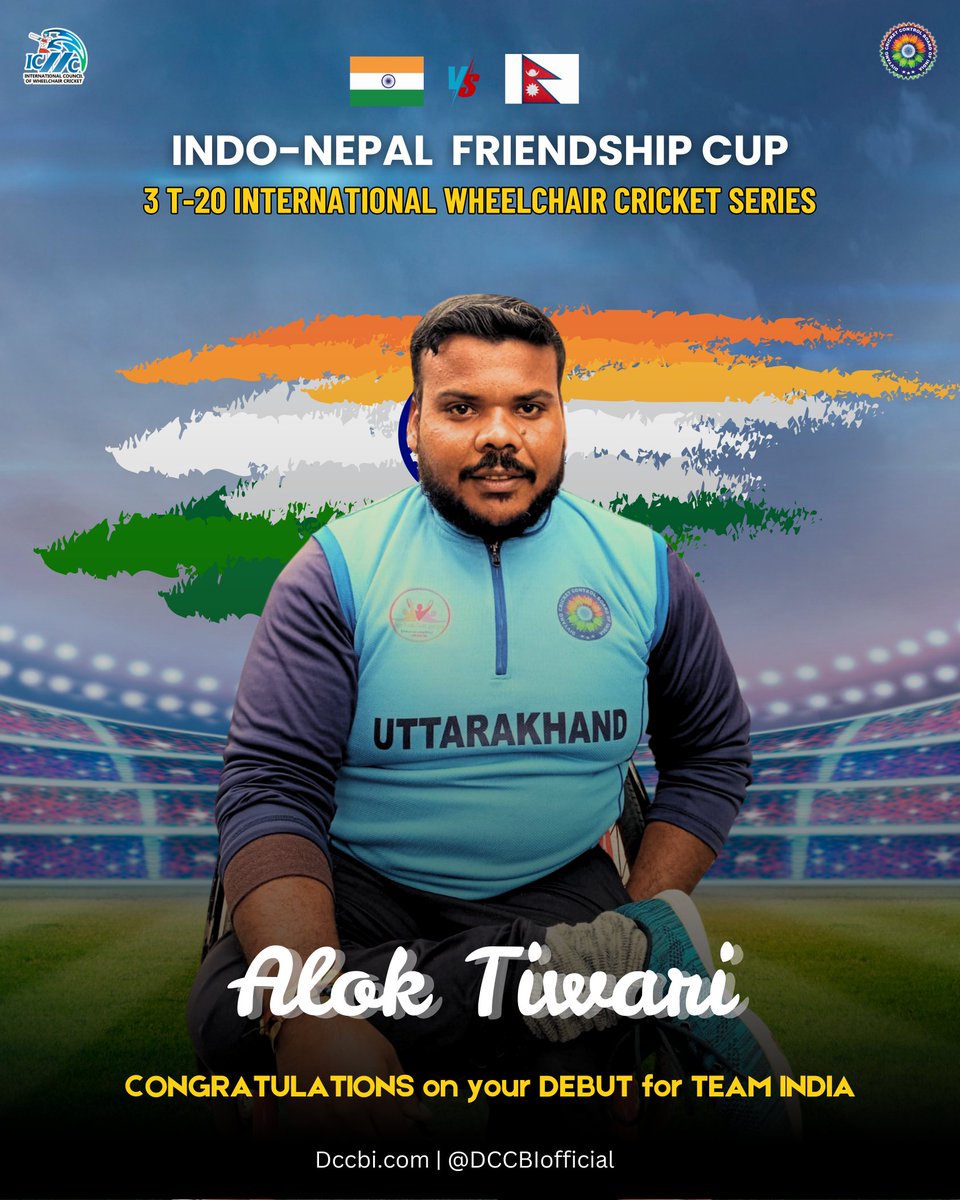 A big shoutout to Alok Tiwari on making his debut for the Indian Wheelchair Cricket Team in the Indo-Nepal Friendship Cup 2025! 🏏🇮🇳
Let’s cheer for our champion! 🎉🏆

#IndoNepalFriendshipCup #WheelchairCricket #TeamIndia #RisingStar #CricketForAll #DCCBI #DivyangCricket