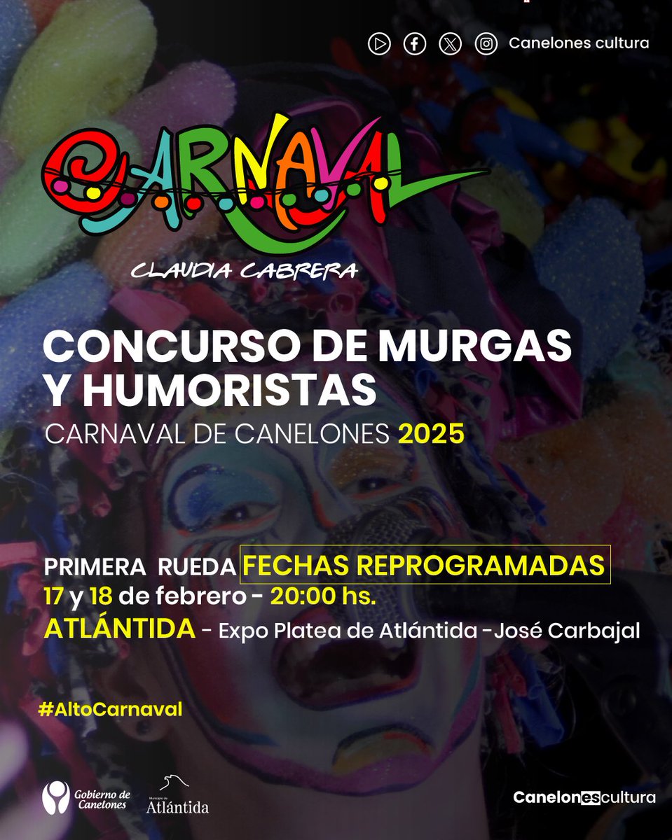 🎭 Compartimos NUEVAS FECHAS de la primera etapa del Concurso de Murgas y Humoristas suspendidas por razones climáticas. 

Te esperamos #hoy lunes 17 y martes 18 desde las 20:00hs. En la Expoplatea de #atlántida. Entrada libre  
En #CANELONES tenemos #AltoCarnaval