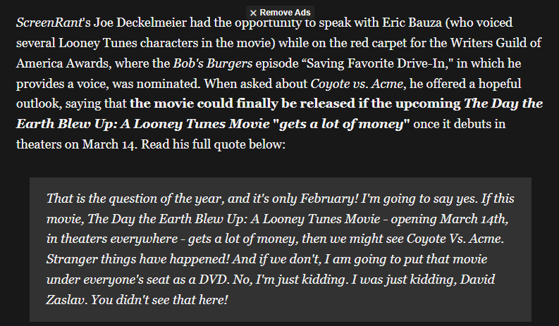 that_looney's tweet photo. Screen Rant recently talked with Eric Bauza about the potential of #releasecoyotevsacme if The Day The Earth Blew Up does incredibly well.

Just a reminder, see TDTEBY because you want to see the Looney Tunes succeed, and not just because there's a possibility of something else. https://t.co/Rf04ugyxpo