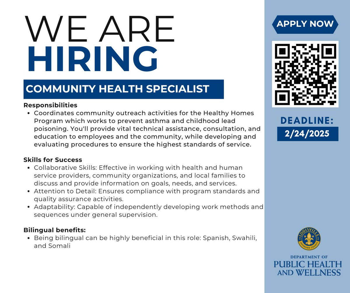We are Hiring!
This role involves working with and coordinating outreach for community members within the Healthy Homes Program. 
Those interested in applying visit, shorturl.at/3Y6V8
Closing date: 2/24/2025