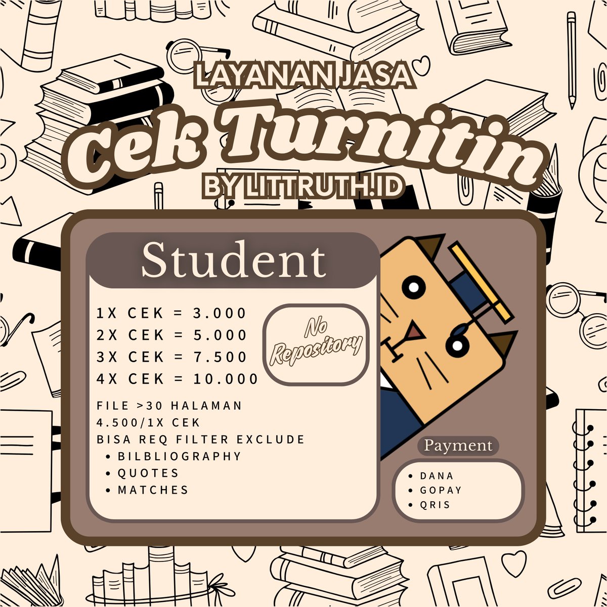✨Cek Plagiarisme aman dan anti ribet✨

Nggak mau dong tugas kamu kena plagiat vibes?🫣
Yuk, cobain layanan cek Turnitin dari aku:
✅Report akurat &amp; detail
✅No repository, tidak masuk database
✅Proses aman, hasil langsung kirim
(☎:wa.me/6285946642742)

#zonauang 1