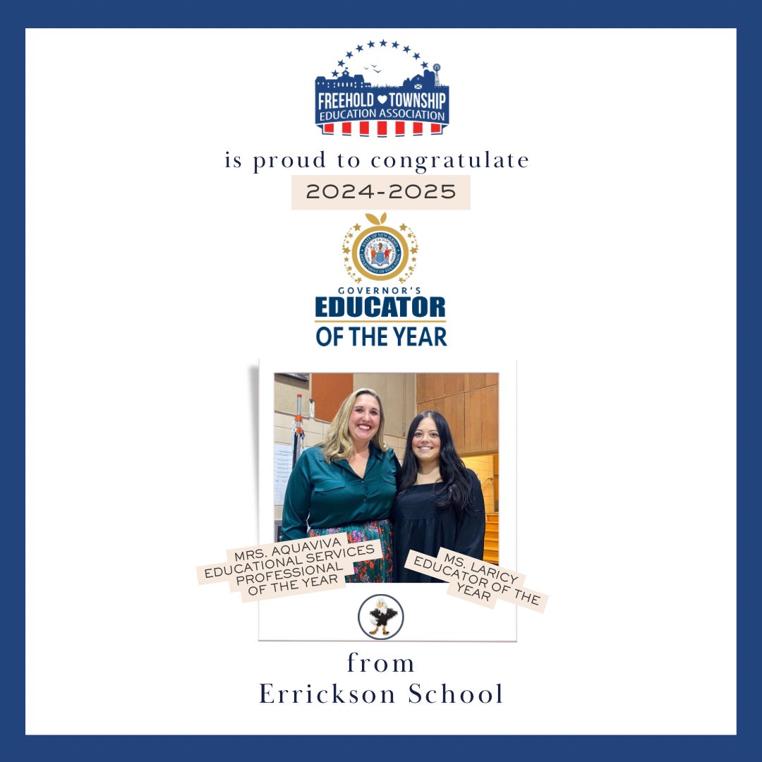 FTEA_NJ's tweet photo. Today we are featuring Errickson’s Educators of the Year, Mrs. Aquaviva and Ms. Laricy! #FreeholdProud #TheHeartofFTS https://t.co/18WLPYPDT9