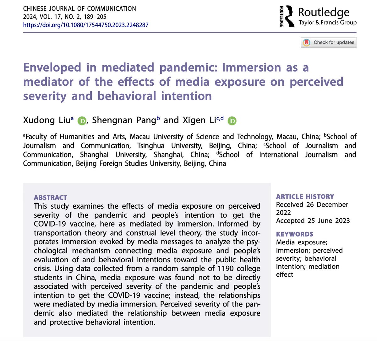 Liu et al. used the context of the COVID-19 pandemic, an unprecedented public health catastrophe that caused substantial damage to human life, to test the mediating role of media immersion between media exposure and behavioral intention. 

Read here:doi.org/10.1080/175447…