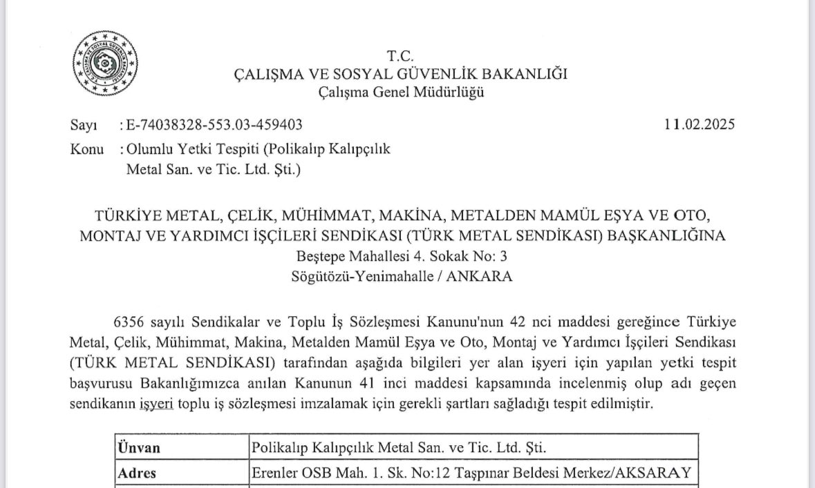 Türk Metal'de durmak yok,
Örgütlenmeye devam...
Aksaray şubemizin yürüttüğü çalışmalar sonucunda POLİKALIP KALIPÇILIK SAN. işyerinde de emekçiler artık sendikalıyız, Türk Metalliyiz dediler.
Aramıza hoşgeldiniz değerli kardeşlerim.
Sizlerle daha güçlüyüz. Örgütlenmede emeği geçen