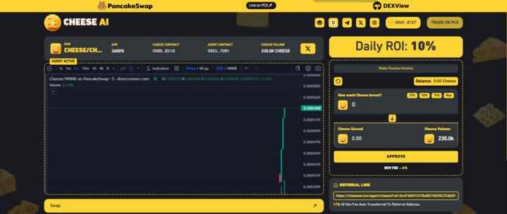 CheeseAI_Agent's tweet image. 🚀 CheeseAI Staking Pool is NOW LIVE! 🚀

💰 Stake $Cheese &amp;amp; Earn Rewards in $Cheese!

✅ 10% Daily ROI  
✅ 3600% APR
✅ 17% Referral Rewards
✅ 0% Buy/Sell Fees

🤖 Multi-Agent Staking Pools go live at 16:00 UTC today – Eliza, AVA, Virtual!

Website: cheeseai.fun