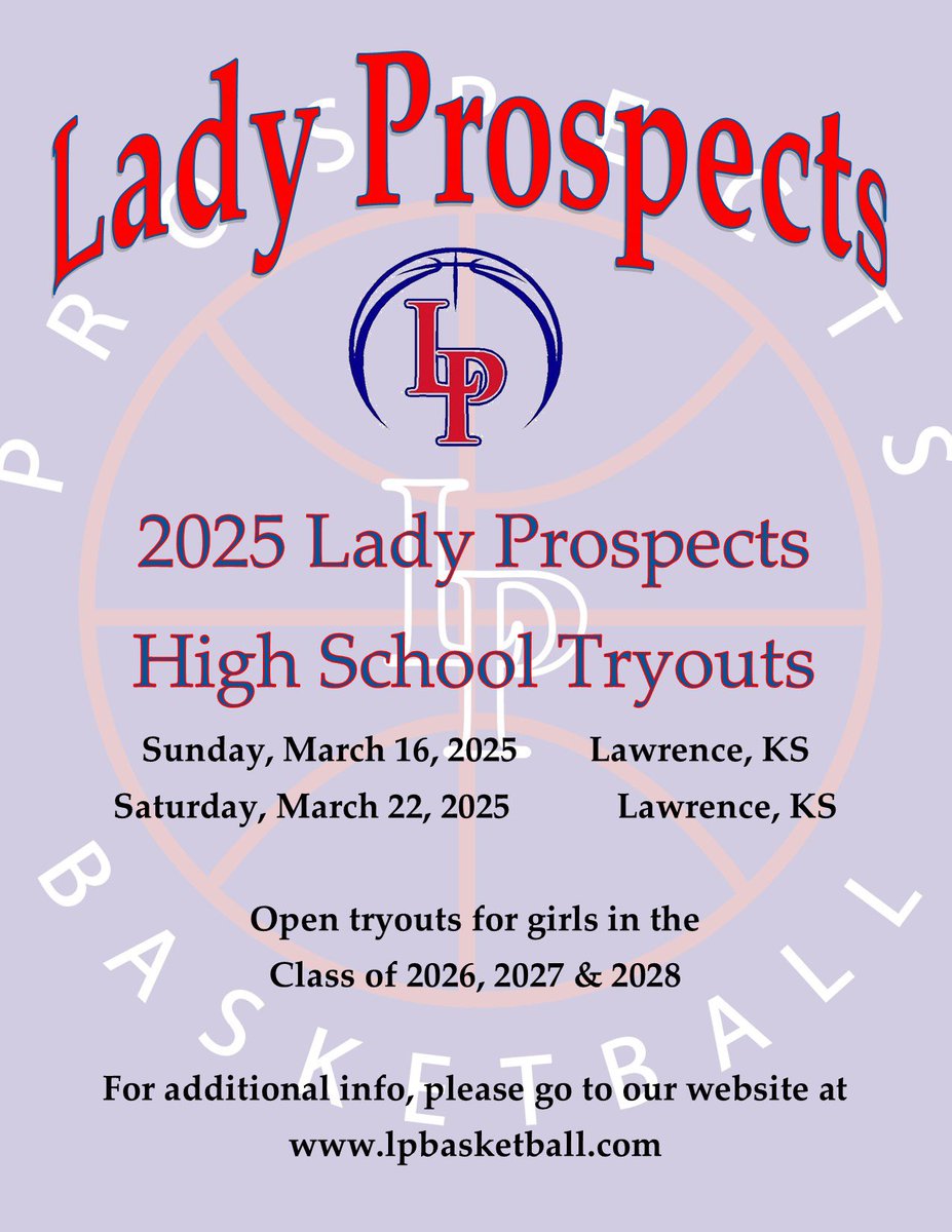 🏀 2025 Lady Prospects HS Tryouts 

⛹️‍♀️ 9th thru 11th grade girls 

📅 March 16 &amp; 22, 2025

📍 Lawrence, KS(Veritas Christian School Gym)

💻 lpbasketball.com

Come join #TheLPSisterhood🔴🔵