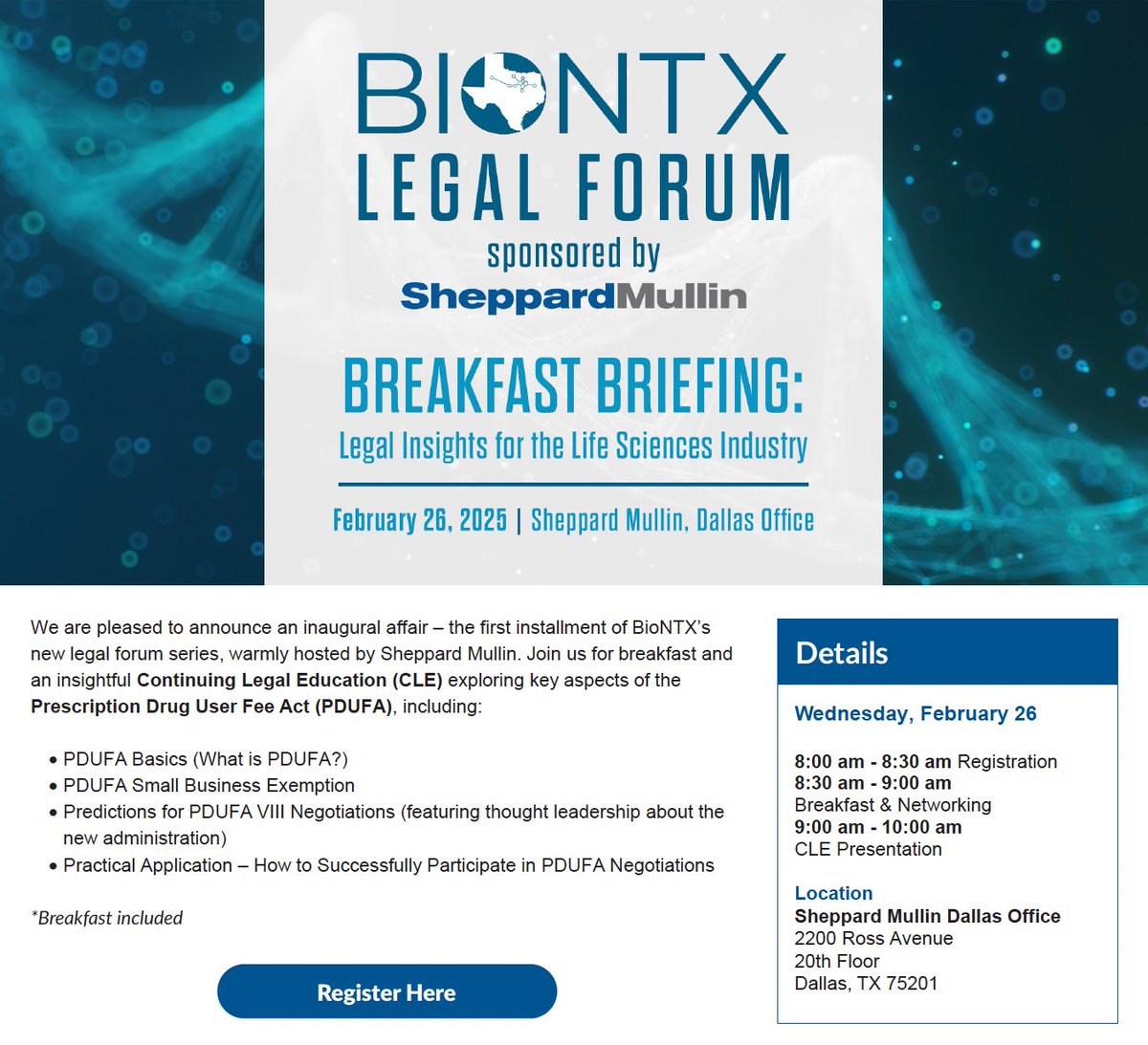 BioNorthTX (@bionorthtx) on Twitter photo Join us on February 26th in Dallas for the BioNTX Legal Forum, sponsored by <a href="/SheppardMullin/">Sheppard Mullin</a>. Gain insights on PDUFA, small business exemptions & PDUFA VIII strategies. CLE credit available!
Register now! business.biontx.org/ap/Events/Regi… Join us on February 26th in Dallas for the BioNTX Legal Forum, sponsored by <a href="/SheppardMullin/">Sheppard Mullin</a>. Gain insights on PDUFA, small business exemptions & PDUFA VIII strategies. CLE credit available!
Register now! business.biontx.org/ap/Events/Regi…