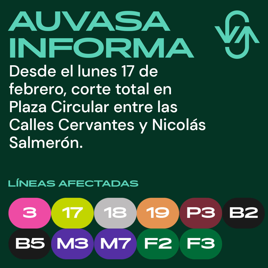 AuvasaVLL's tweet photo. ⛔ Cortada la #PlazaCircular entre calles Cervantes y Nicolás Salmerón por obras
🚍 Líneas afectadas: 3, 17, 18, 19, P3, B2, B5, M3, M7, F2 y F3
❌🚏 Pza. Cruz Verde 5
✅🚏 Más cercana: Pza. Circular 11 https://t.co/HPLcn7LOGU