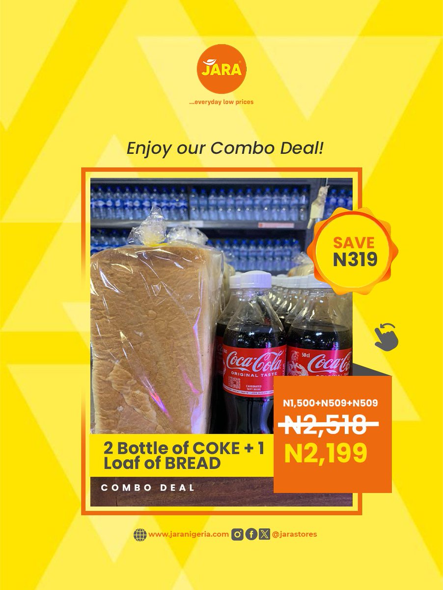 JaraStores's tweet photo. It's a New Week!

Guess what? for the next (7) days, we're offering you an unbeatable combo deal on (2) bottles of Coke and (1) loaf of bread.

You can get both for just N2,199 instead of N2,510, don't sleep on this...

Act fast and save big!

#jarabread #cocacola #discountstore https://t.co/mrldwrBl1Q