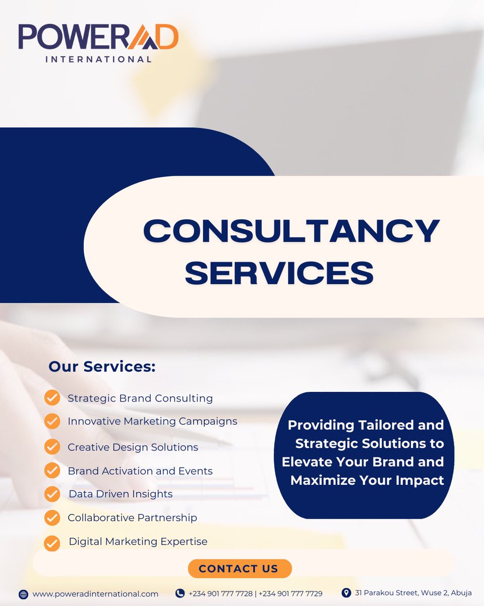 poweradhub's tweet photo. At PowerAD, we offer tailored consultancy services to help brands navigate the world of advertising, marketing, and strategic placements.💡Let’s turn your ideas into impactful campaigns.
Call us at +234 901 777 7728 | +234 901 777 7729
Visit us at 31 Parakou Street Wuse 2, Abuja https://t.co/FOOblXdNAs