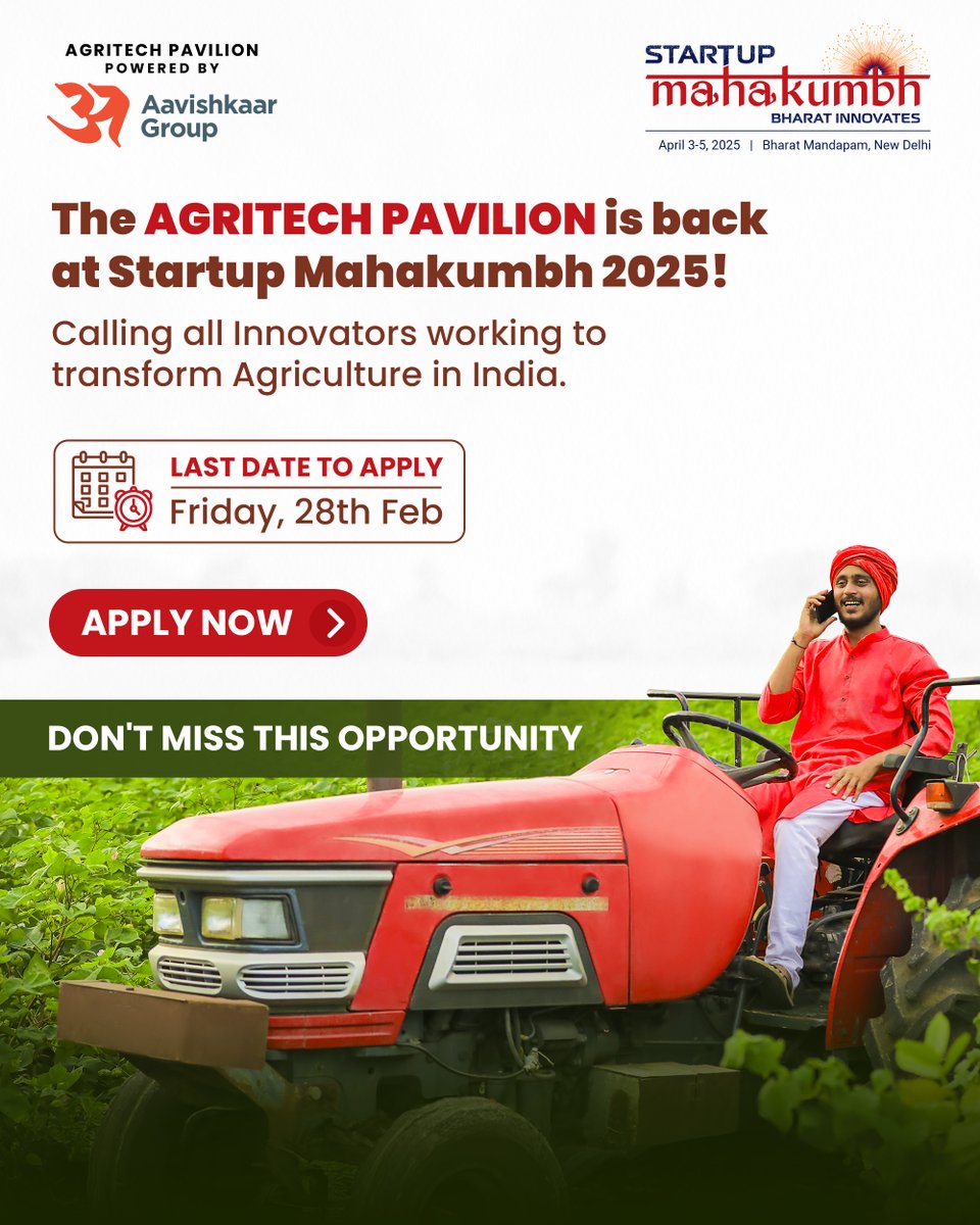 Aavishkaar Capital (@aavishkaarvc) on Twitter photo 🚀 <a href="/AavishkaarGrp/">Aavishkaar Group</a> is proud to anchor the Agritech Pavilion at Startup Mahakumbh2025
If you're an agritech innovator, apply for a pod and showcase your vision on a national stage.
Join us in shaping the future of agritech!Â
Register: bit.ly/smagritech25
#Agritech 🚀 <a href="/AavishkaarGrp/">Aavishkaar Group</a> is proud to anchor the Agritech Pavilion at Startup Mahakumbh2025
If you're an agritech innovator, apply for a pod and showcase your vision on a national stage.
Join us in shaping the future of agritech!Â
Register: bit.ly/smagritech25
#Agritech